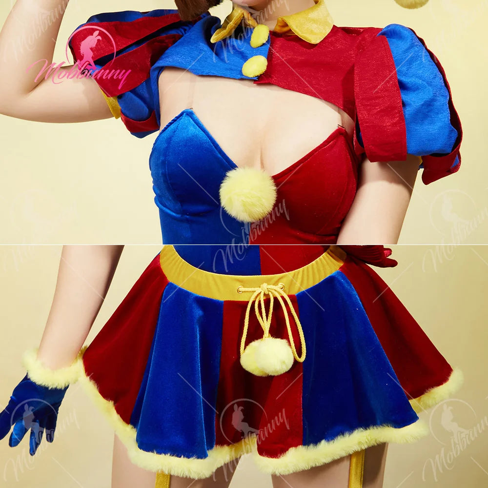 MOBBUNNY Halloween Clown Cosplay Costume Women's Lingerie Set Blue Red Bodysuit and Mini Skirt with Gloves and Hat