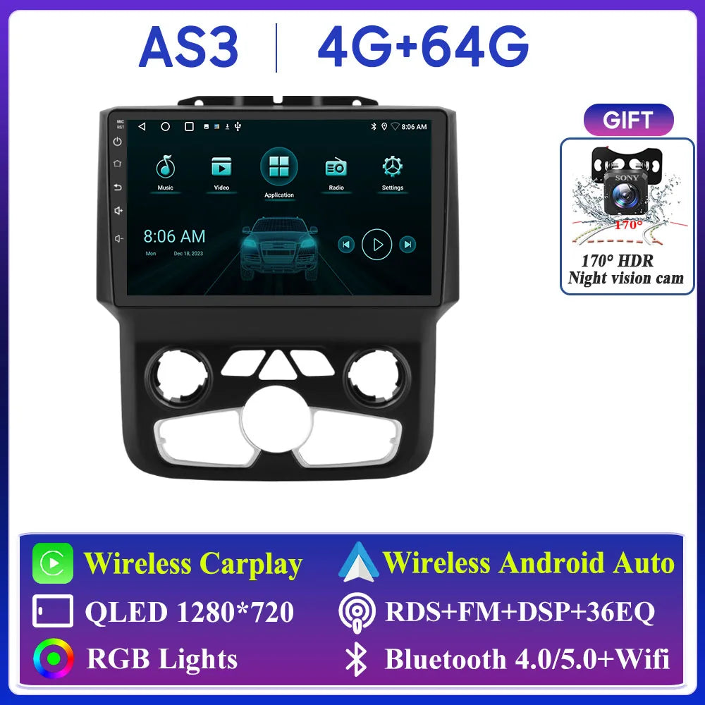 For Dodge Ram 1500 2500 3500 2013-2018 Car Radio Navigation GPS Carplay Stereo Android Auto Multimedia Player DVD Bluetooth 5G
