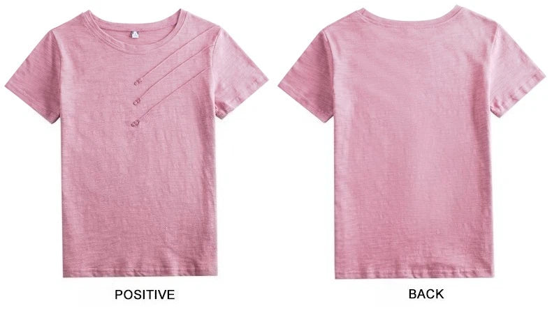 Women's Slub Cotton Button Tee — Loose Crew Neck