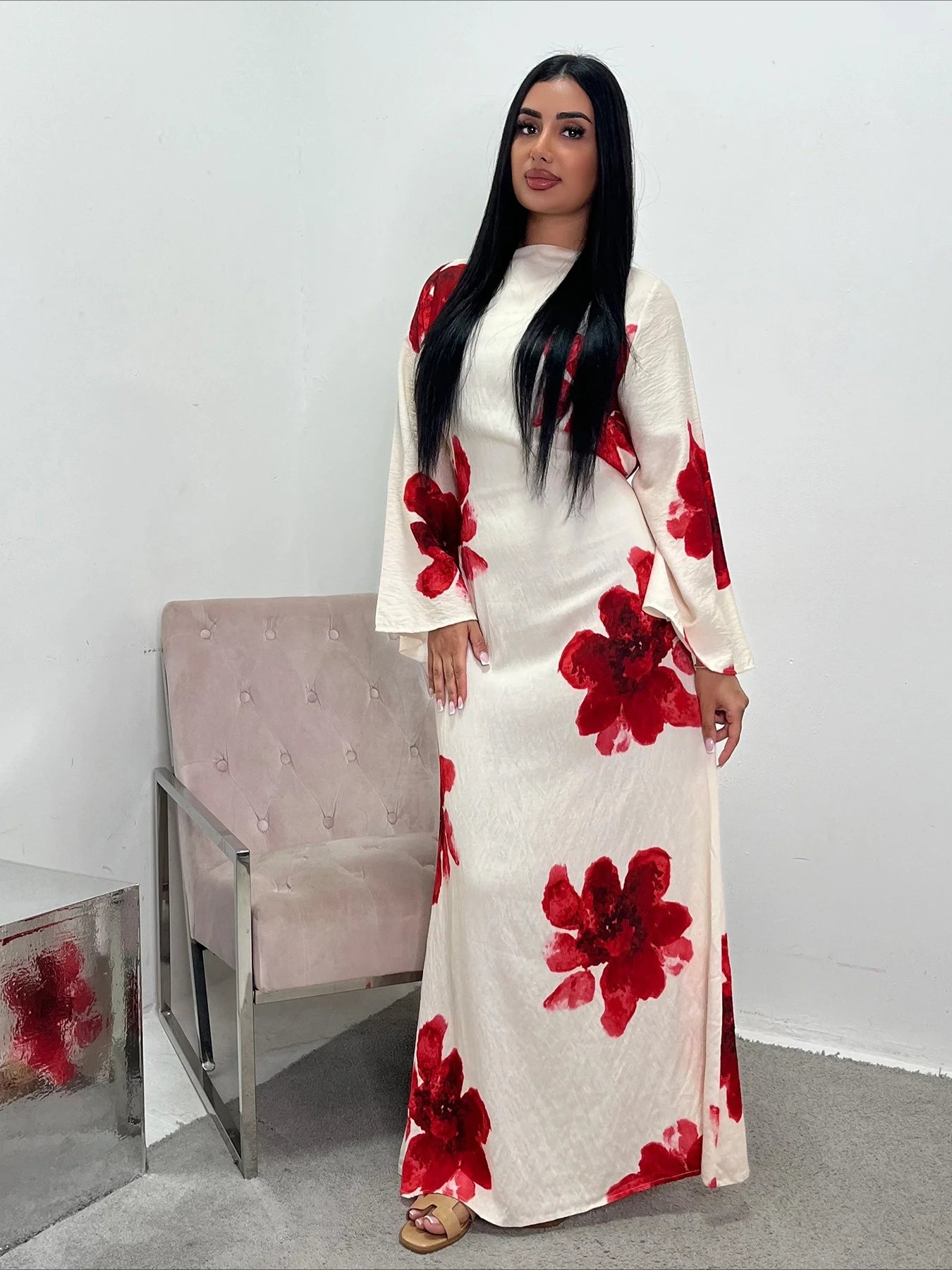 Women's Floral Print Abaya Party Dress – Muslim Kaftan Jalabiya