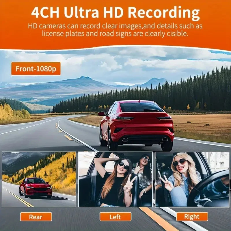 360° Car DVR Dash Cam 4 Lens Front Rear Left Right Inside IPS Screen Rotatable Lens Night Vision 24H Parking G-Sensor Black Box