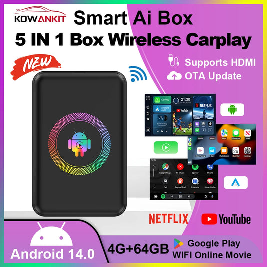 Kowankit 4+64G Android 14 Wireless CarPlay AI Box — 5-in-1 Smart Media Adapter with Android Auto & HDMI