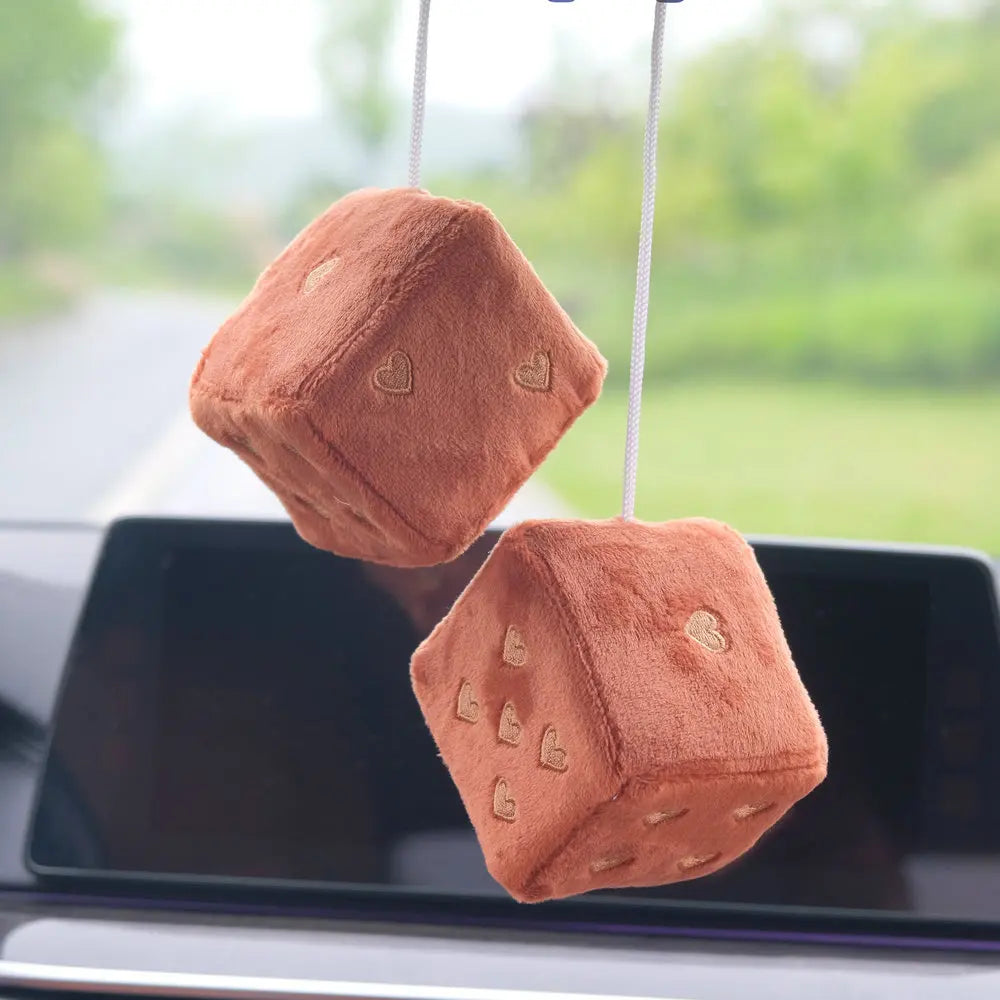 1 Pair 7cm Fuzzy Plush Dice Heart Shape Decor for Car Rearview Mirror, Retro Square Decoration Dice for Car Hanging Accessories