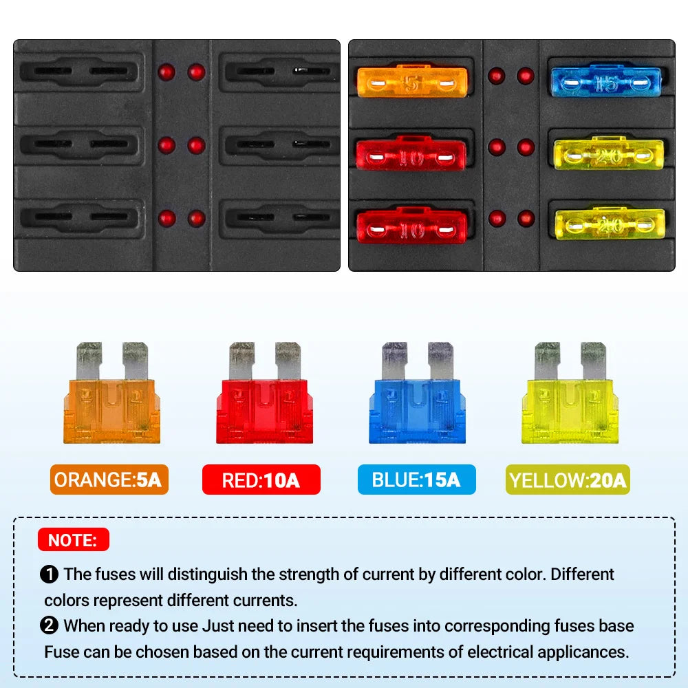 6-12 Way Blade Fuse Block Fuse Box Holder Cover With LED Indicator For a Pillar Switch Panel 12V-24V Board Camper RV Boat
