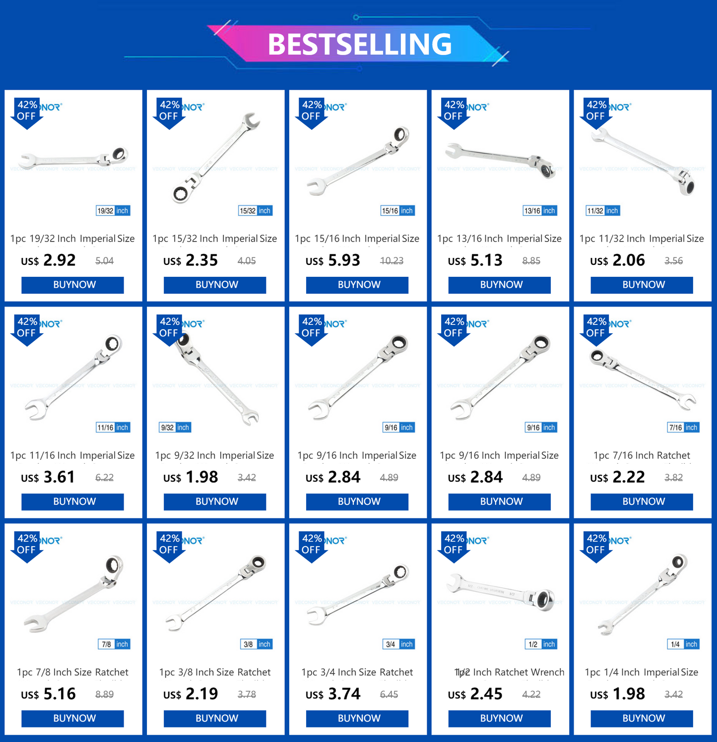 1/4-15/16 Inch 1-Piece Imperial Size Ratchet Wrench Set of Keys Spanner Flexible Head Universal Hand Tools Car Repair Tool