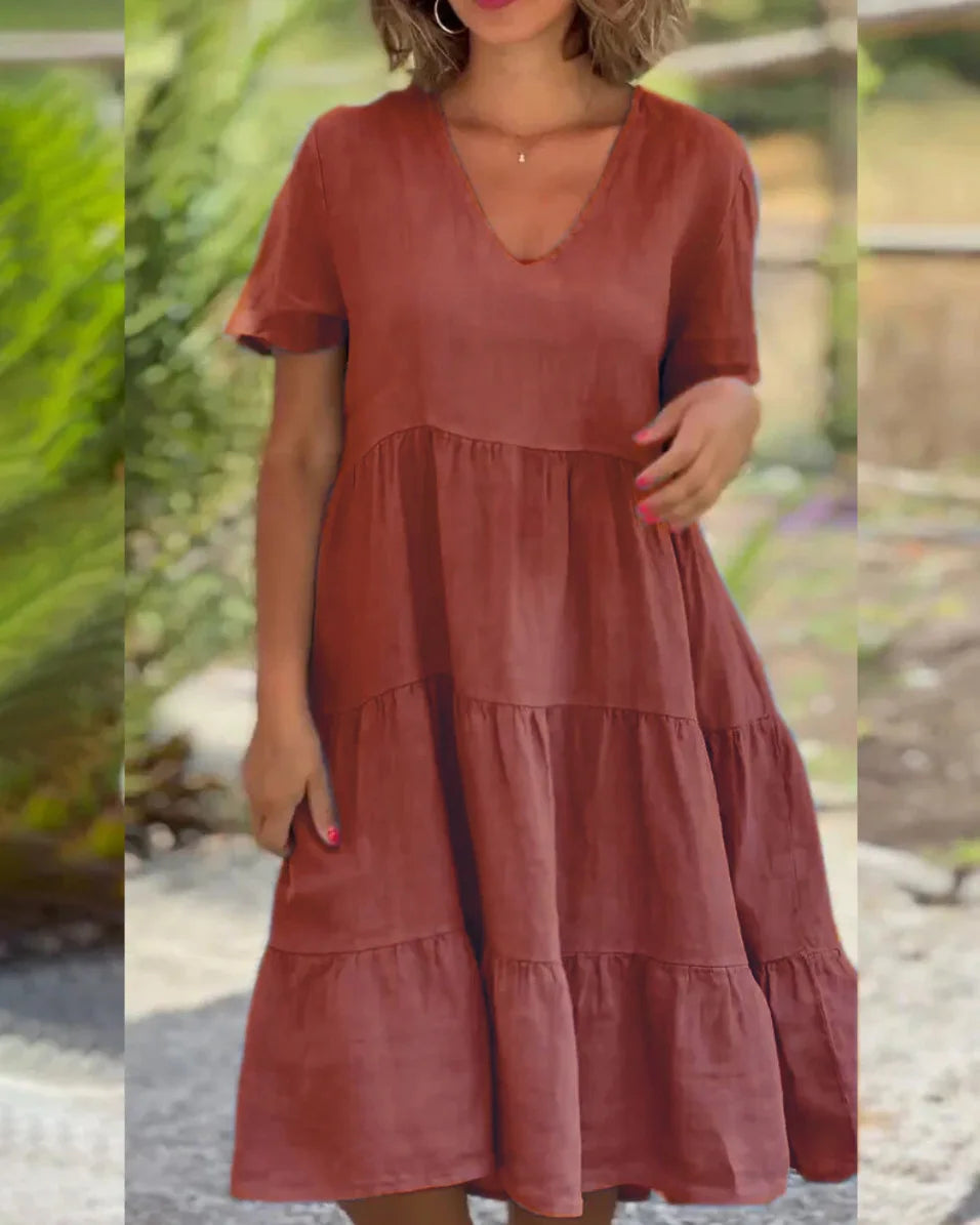Cotton Linen Casual Women's Dresses 2026 Spring/Summer Sweet  Short Sleeve Solid V-neck Large Swing Loose Dress  S-5XL