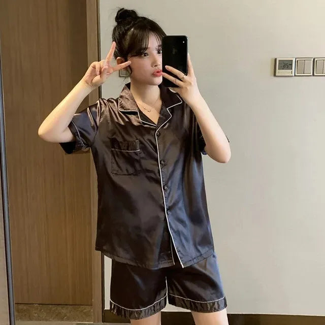 Women's & Men's Satin Pajama Set - Short Sleeve, Solid Colour