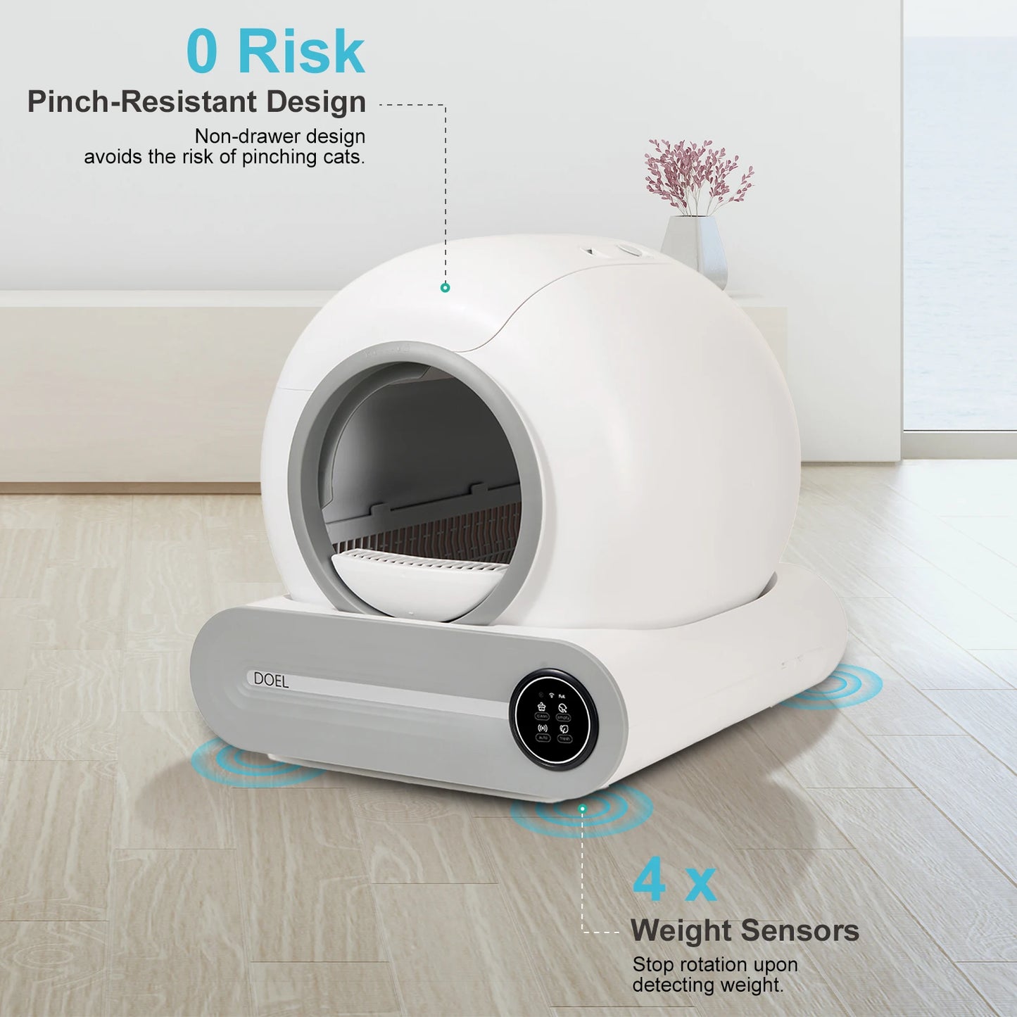 DOEL 65L Self-Cleaning Automatic Cat Litter Box – Smart App Control, WiFi, Trash Bag & Litter Mat Included | White