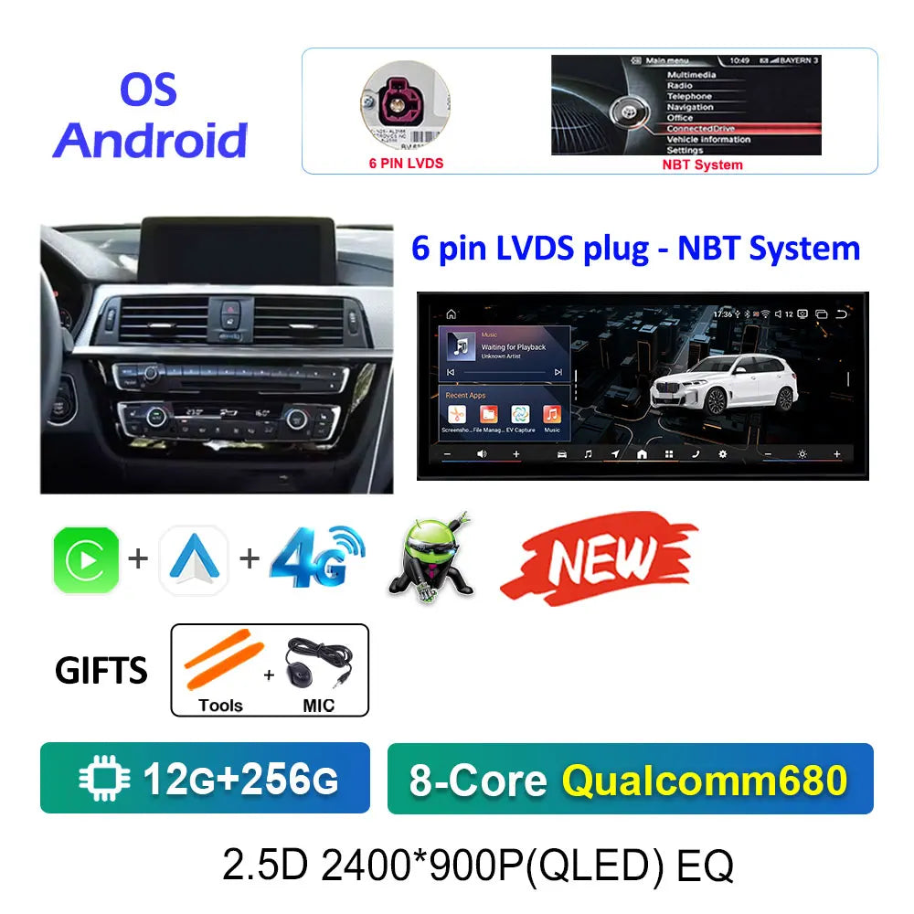 12.3" Android CarPlay Screen for BMW 3/4 Series F30 F31 F32 F33 F34 F36 (2013–2019) NBT/EVO — Android Auto, GPS, 4G