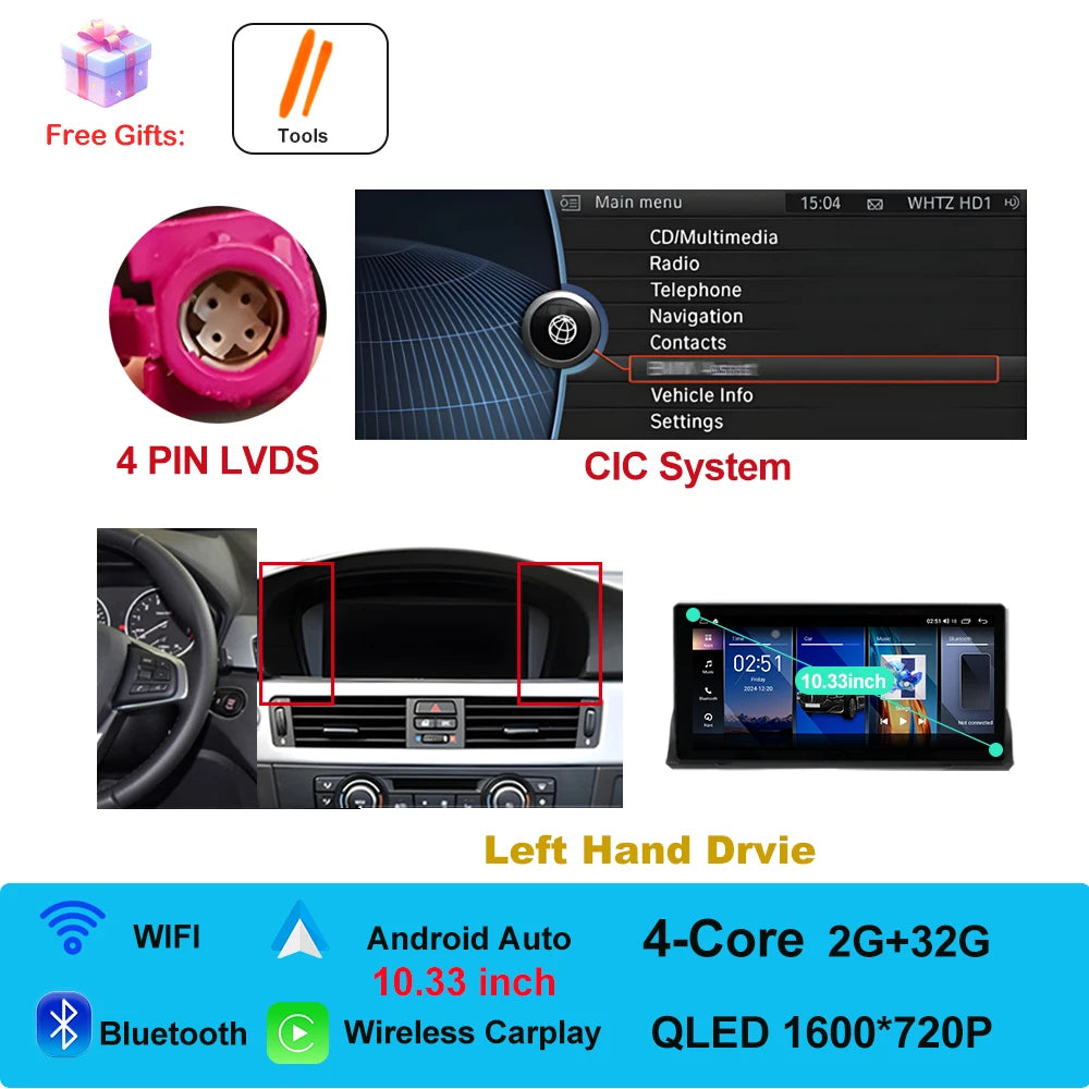 Car Stereo with Apple CarPlay & Android Auto, Compatible with BMW 3 Series E90 E91 E92 (CCC/CIC)