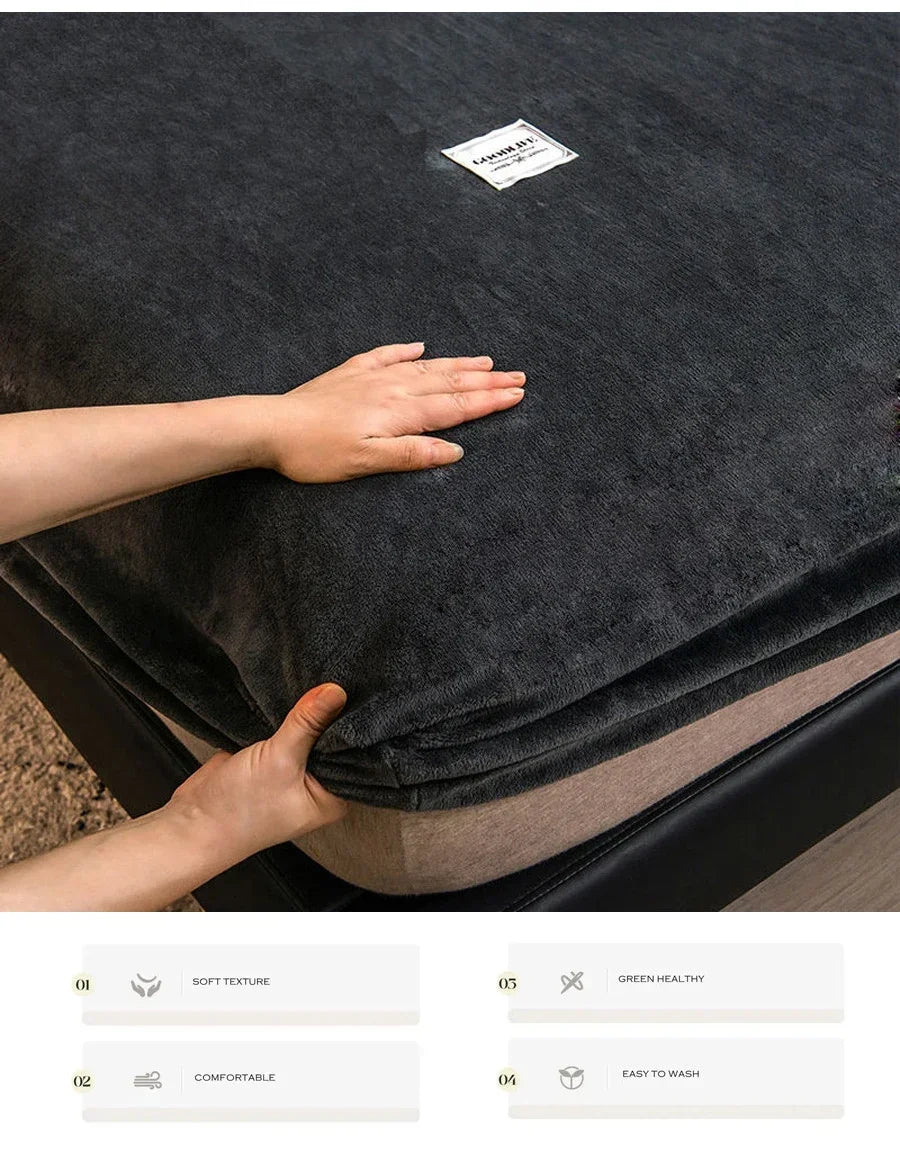 Soft Warm Plush Fitted Sheet Elastic Mattress Cover Fluffy Coral Fleece Bed Linen Winter Couple Luxury Double Bed Bedding