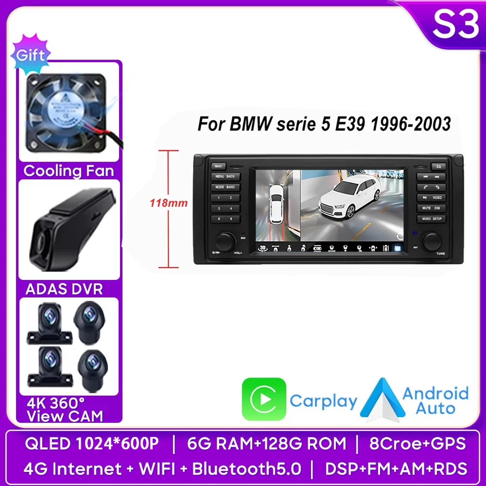 7" Android Car Stereo for BMW 5 Series E39 & X5 E53 (1996–2003) — Android Auto, GPS, 4G, WiFi, 2-DIN