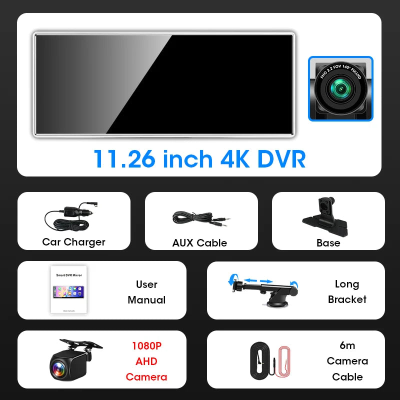 11.26 inch 4K Dash Cam Wireless Carplay Android Auto Fashionable Silver Border Car DVR GPS Navigation Video Recorder Dashboard