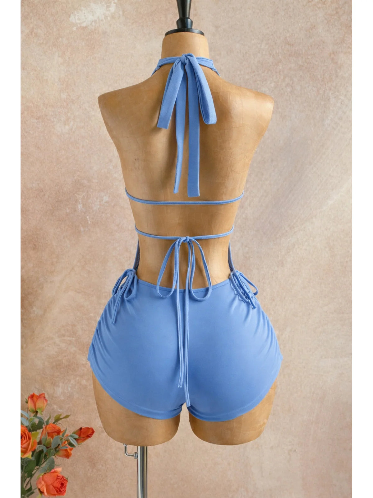 American-Style Spicy Girl Red One-Piece Jumpsuit, Halter Neck, Deep V, Backless, Tie-Waist, Toning, Short Beach Vacation Jumpsuit
