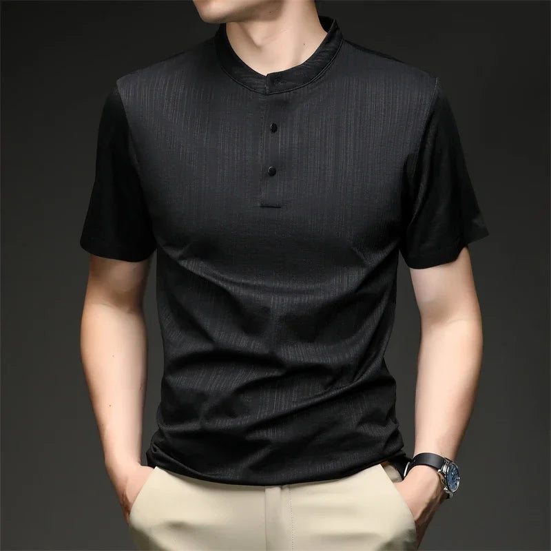 Men's Mandarin Collar Henley - Three-Button, Breathable Slim Fit