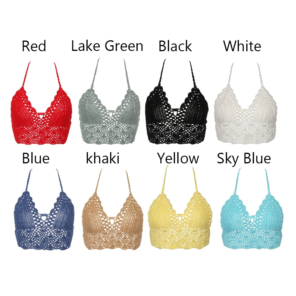 Sexy Beachwear Halter Neck Vest Crochet Crop Top Knit Bralette Bra Boho Beach Camisoles Bikini Tank Backless Tops