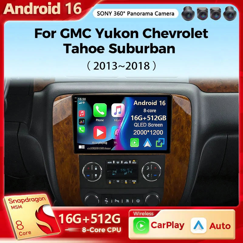 Android 16 Car Radio For GMC Yukon Chevrolet Tahoe Suburban 2008-2012 Carplay Multimedia Video Player Navigation Stereo Wifi+4G