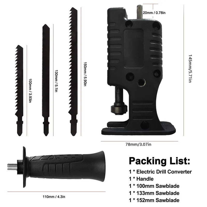 MMAlto Portable Reciprocating Saw Drill Adapter – Converts Drill to Reciprocating Saw | 3 Saw Blades Included | Wood & Metal Cutting | DIY Tool