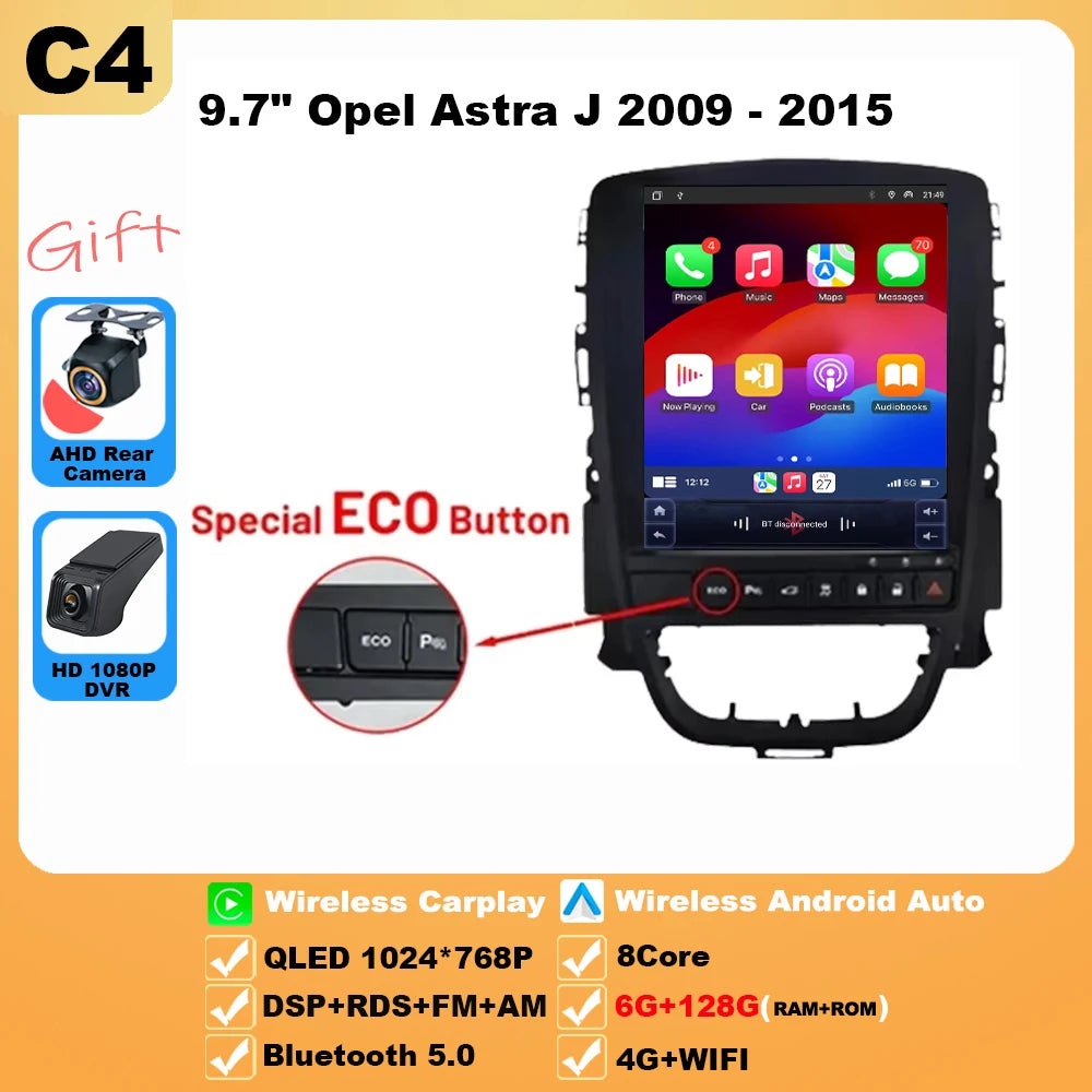 9.7 inch For Opel Astra J 2009-2015 Android 16 Car Radio Multimedia Video Player GPS Tesla Model wireless android Auto WIFI 4G