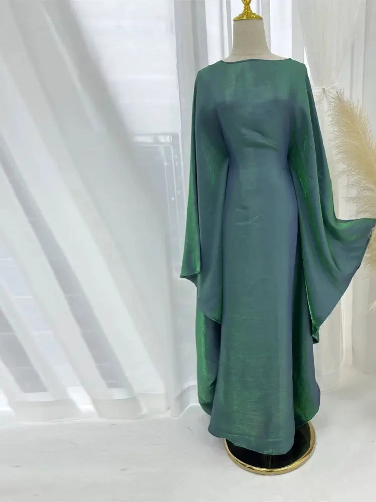 Shimmer Batwing Satin Abaya – Luxury Muslim Kaftan Dress for Eid & Ramadan