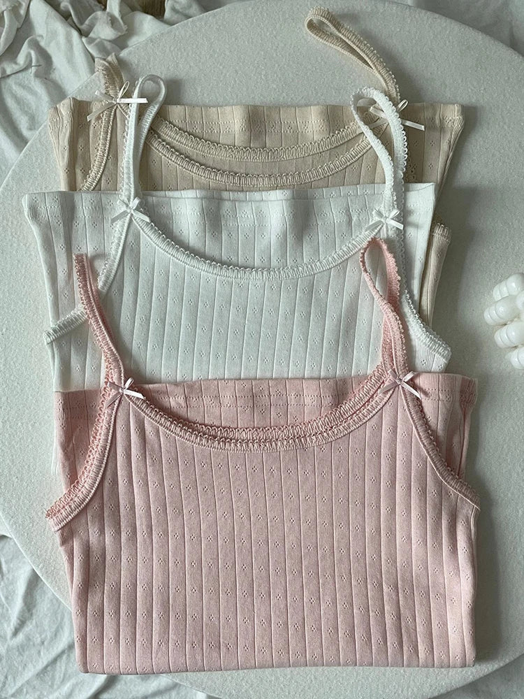 Bows Eyelet Sweet Slim Tank Top Women Lace Trim Cotton Sleeveless Summer Camis Vests Sweet Preppy Style Solid Crop Top Y2k