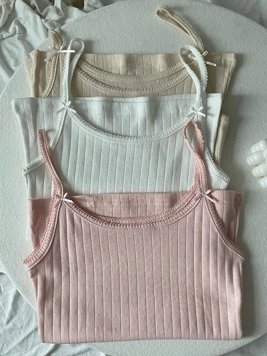 Bows Eyelet Sweet Slim Tank Top Women Lace Trim Cotton Sleeveless Summer Camis Vests Sweet Preppy Style Solid Crop Top Y2k