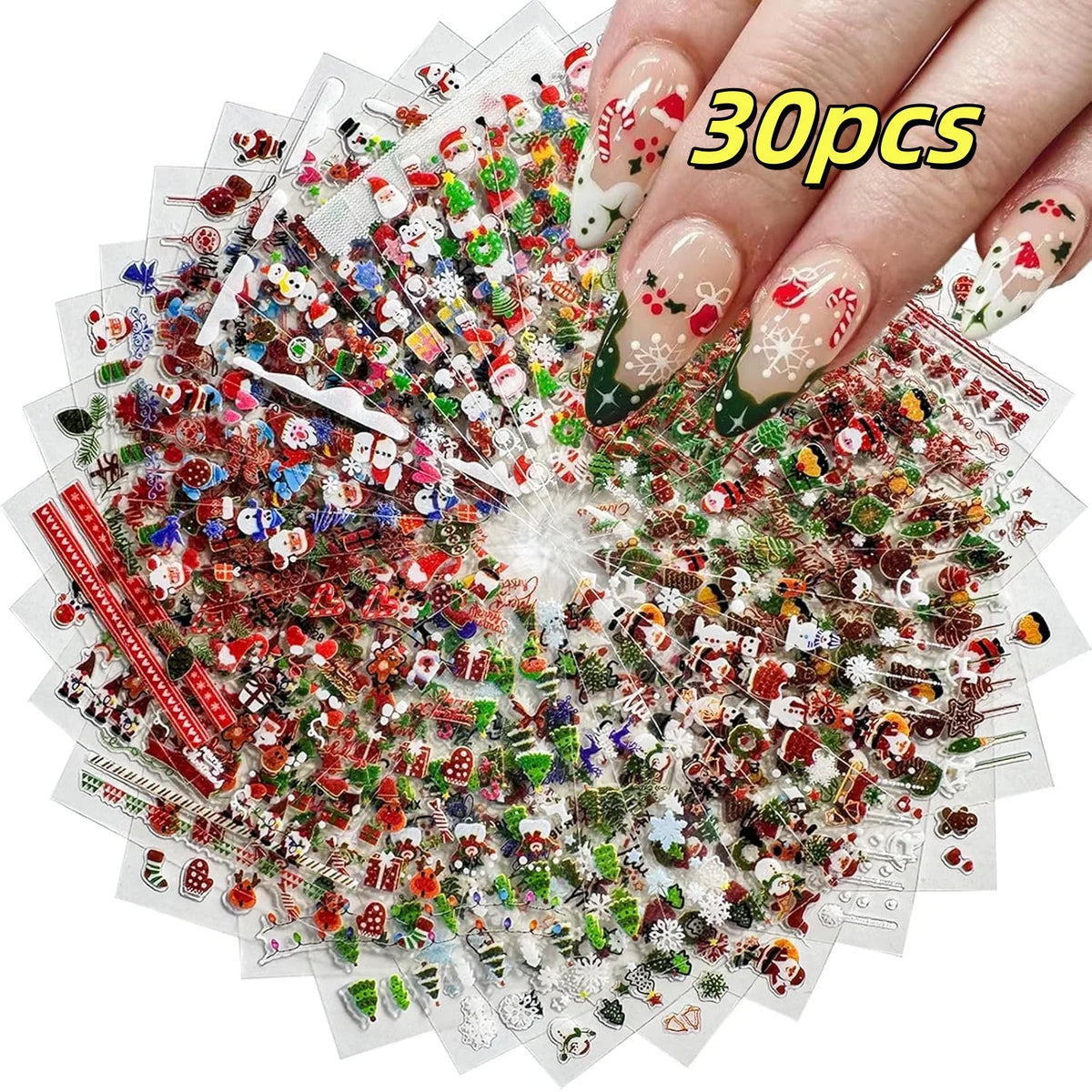 30pcs Christmas Nail Art Stickers Cartoon Holiday Design Santa/Reindeer/Snowflakes Nail Decals Sparkle Festive Manicures & Gifts