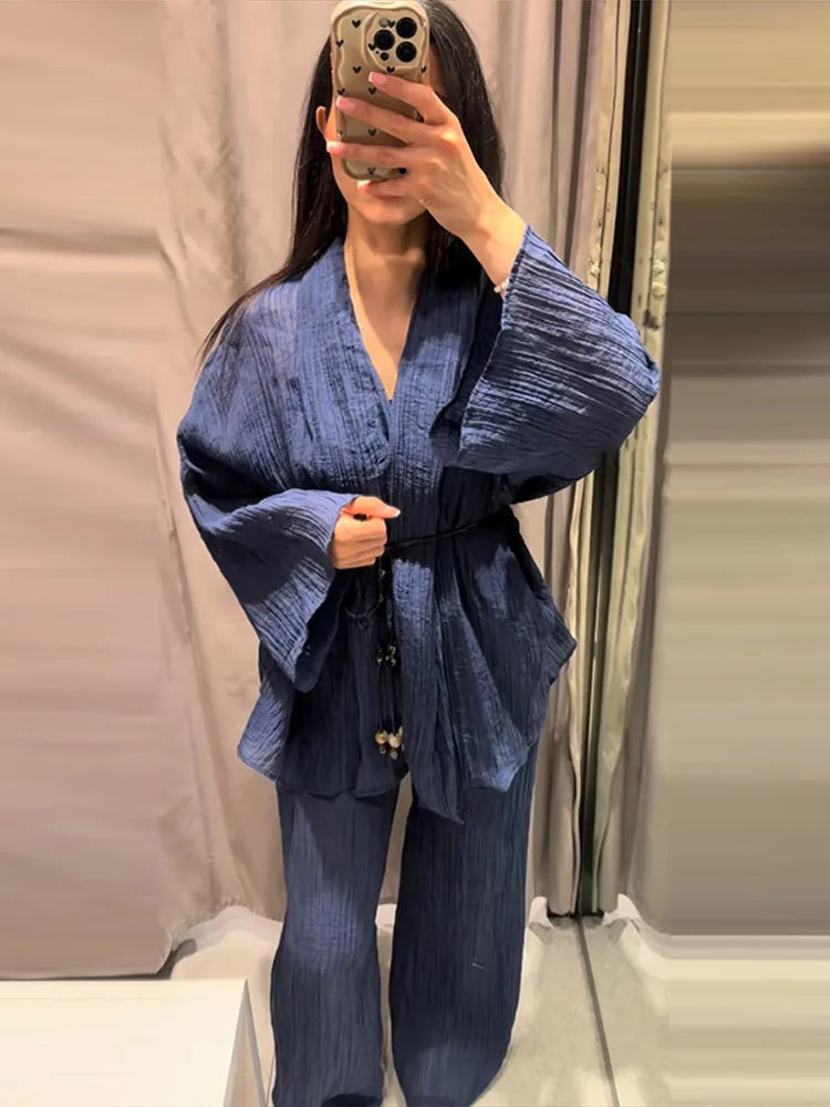 V-Neck Lace-Up Shirt & Wide-Leg Trousers Set — 2-Piece