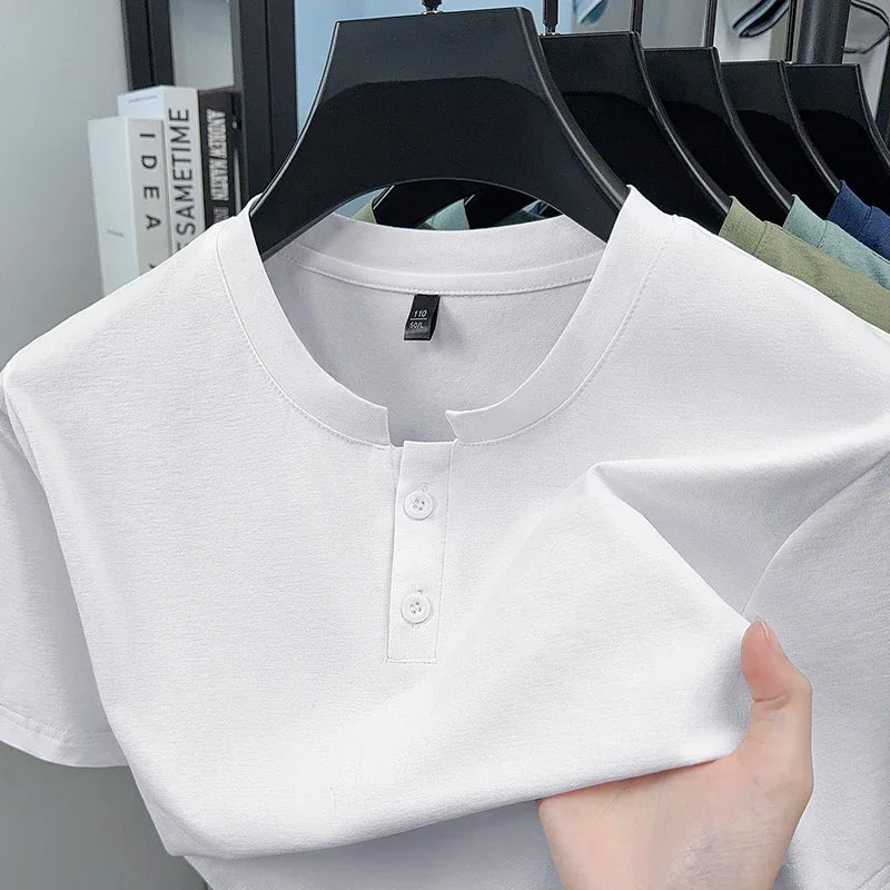 Men's Plain Henley Tee - Two-Button Placket, Soft Breathable Knit