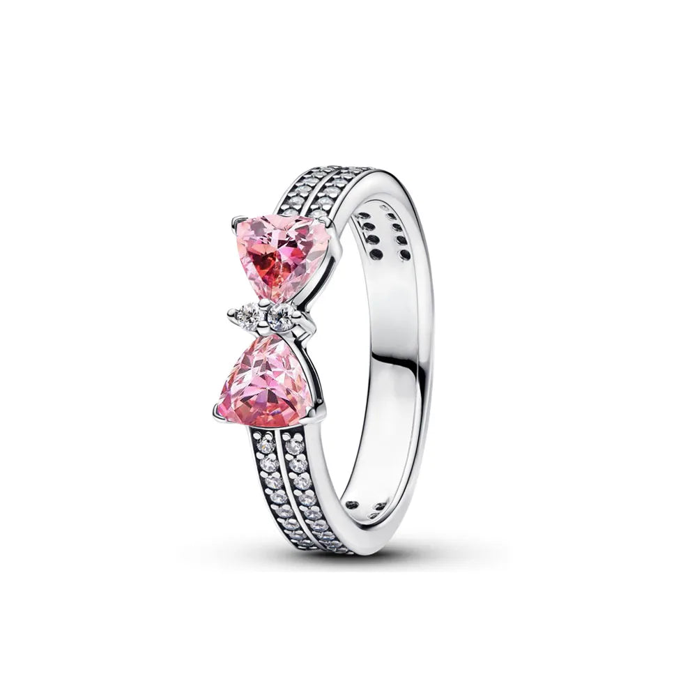 925 Silver Bow Ring – Dainty Pink & Red Stackable Band