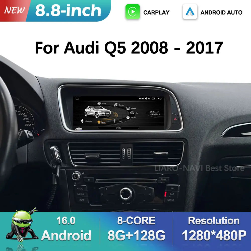 Android 16 for Audi Q5 2026 - 2026 HD Screen Car Radio Video Multimedia Player 8.8 inch BT 4G Carplay DSP Stereo WiFi Auto Tools