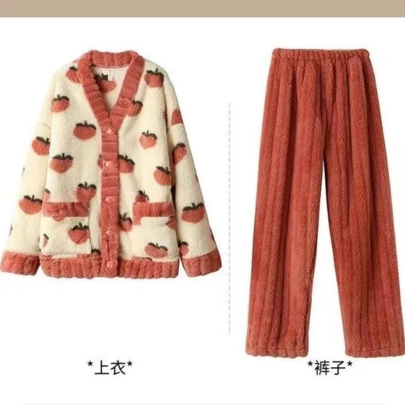 Women's Strawberry Print Flannel Pajama Set - Cute Winter Loungewear - photo 2