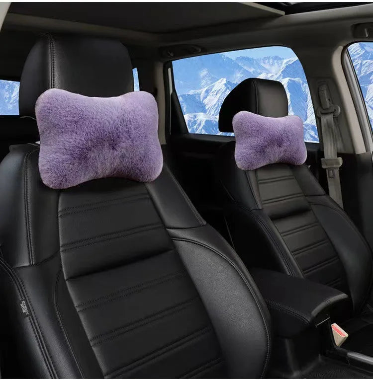 1pc Car Headrest Lumbar Pillow - Soft Imitation Rabbit Plush Comfort Cushion for All Seasons, Ergonomic Driver Support Headrest