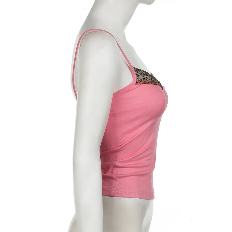 Women's Vintage Leopard Print Crop Top - Sleeveless, Cute Bow Patchwork, Y2K Style, Casual Tees
