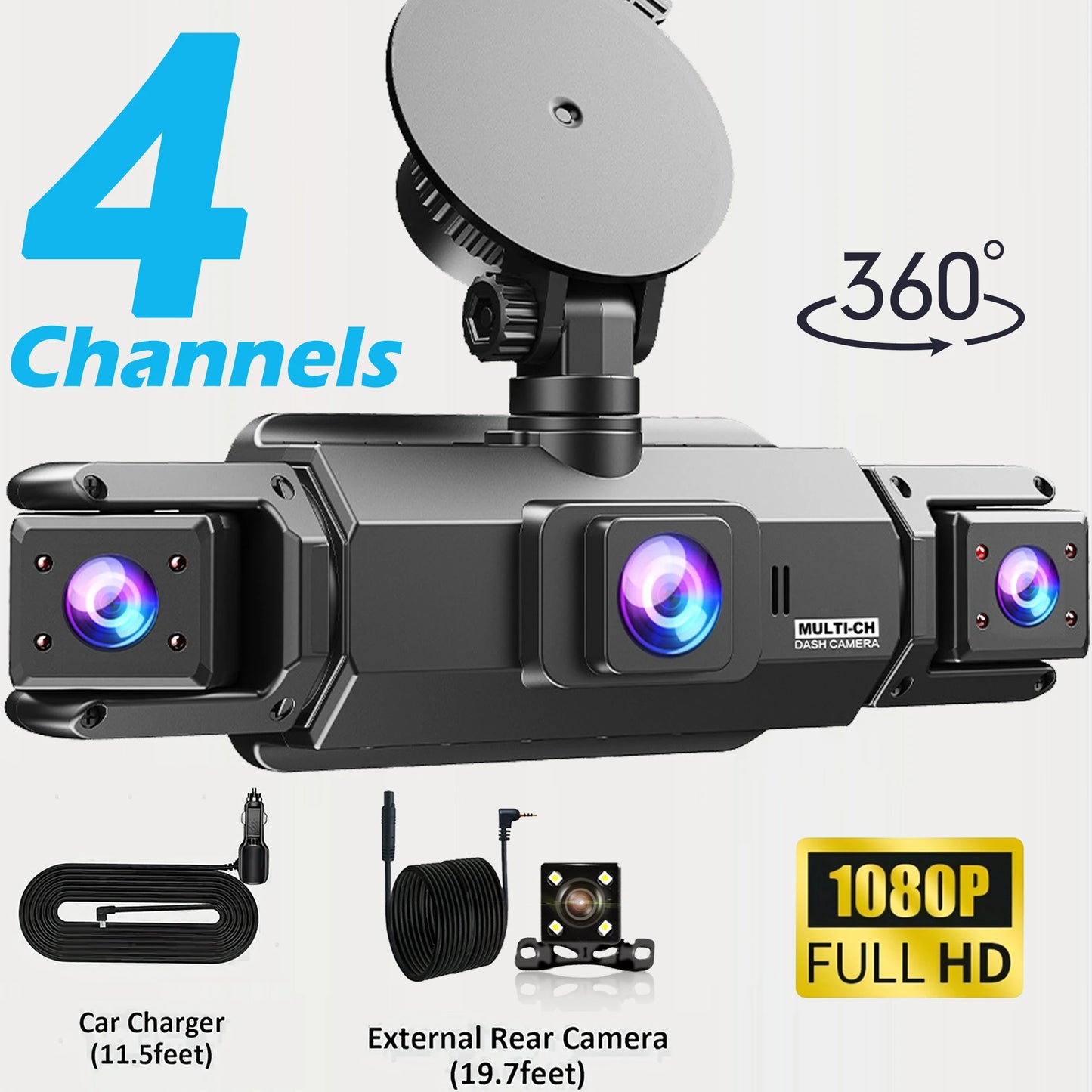 360° Car DVR Dash Cam 4 Lens Front Rear Left Right Inside IPS Screen Rotatable Lens Night Vision 24H Parking G-Sensor Black Box