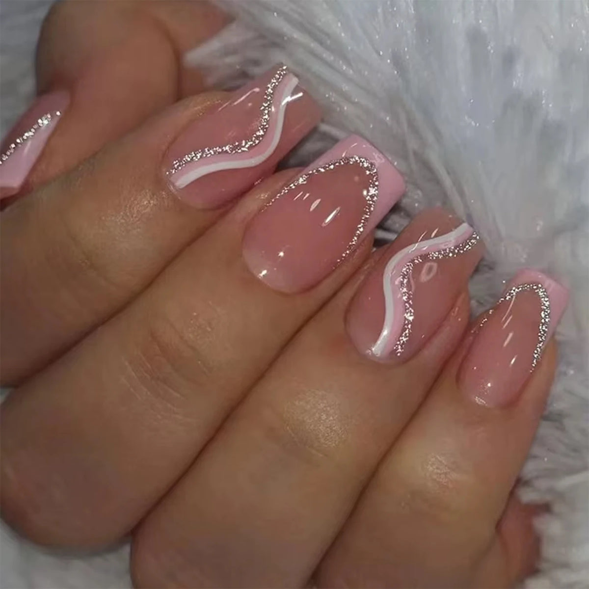 24PCS Pink Glitter French Press-On Nails Short Almond False Nails Glitter Full Cover Gloss Reusable  Nails for Women