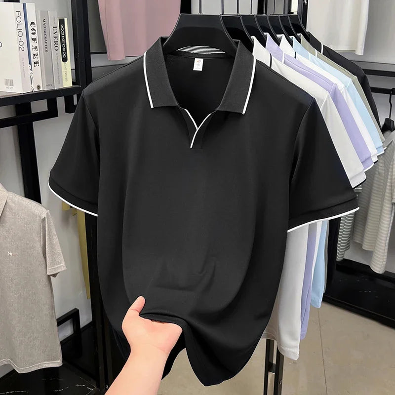 Men's Piping-Detail Polo - Soft Stretch, No-Button Placket