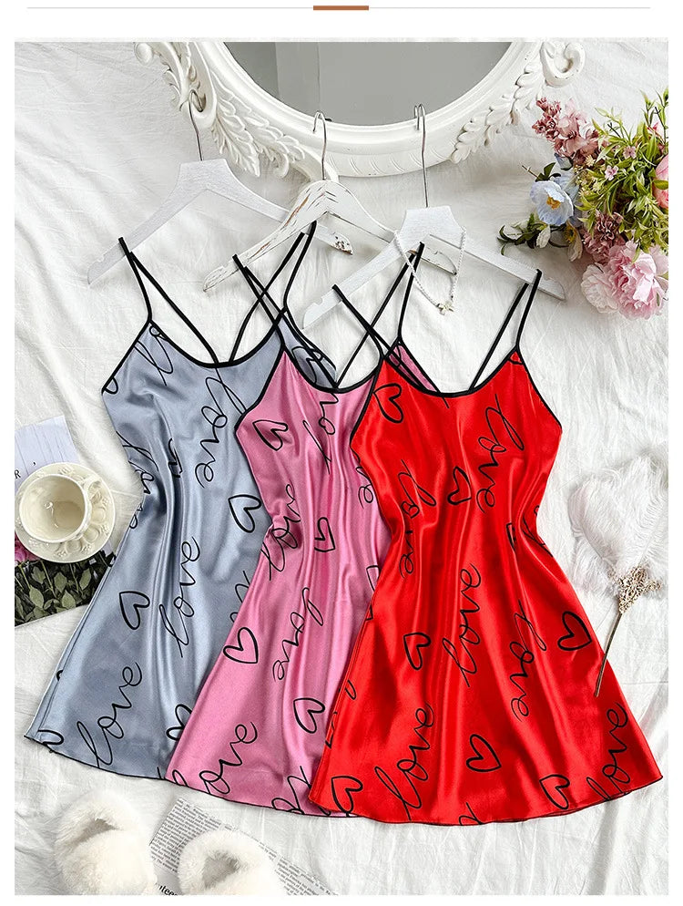 Women's Heart & Letter Print Nightdress – Sexy Sleeveless Satin Slip Sleepwear | S–XL (6 Colors)