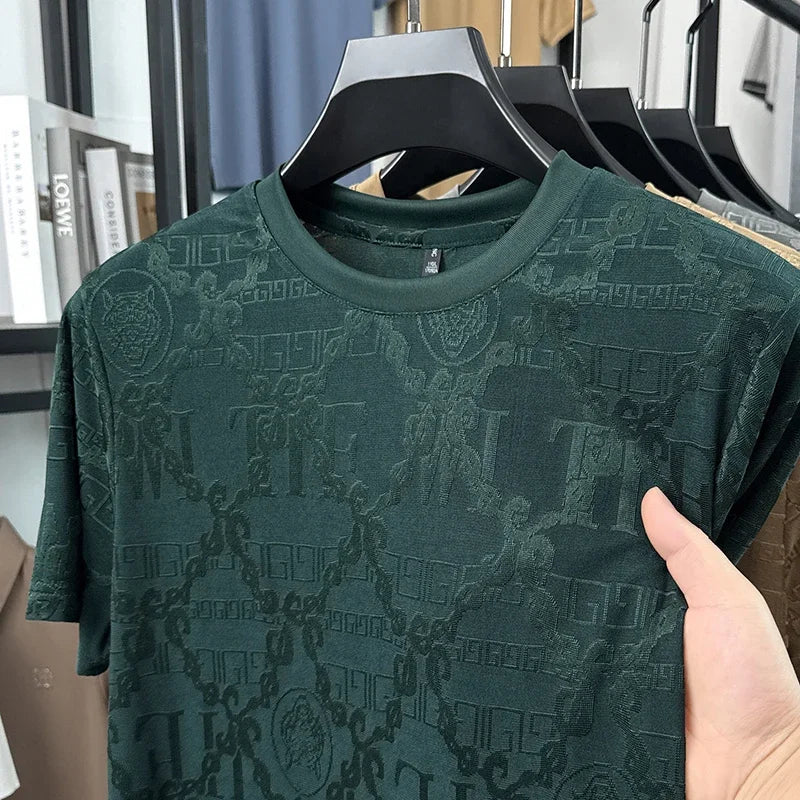 Men's Ice-Silk Mesh Tee - Jacquard Crew Neck, Slim Breathable