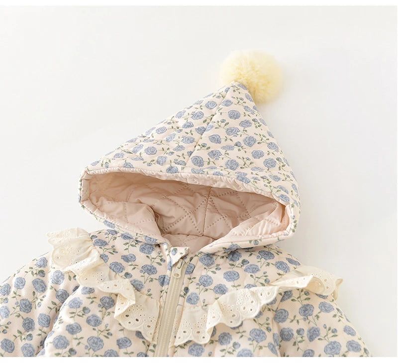 Baby Floral Hooded Winter Jumpsuit - Thick Warm Romper, 0-2 Years - photo 4