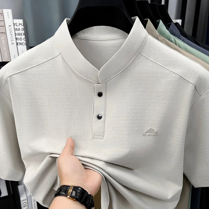 Men's Sport Mandarin Collar Polo - Breathable Mesh, Button Placket