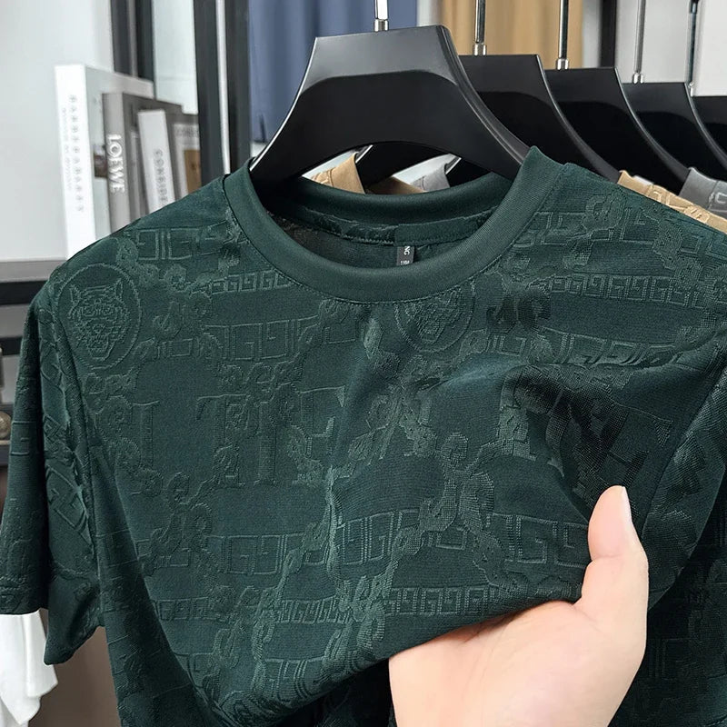 Men's Ice-Silk Mesh Tee - Jacquard Crew Neck, Slim Breathable