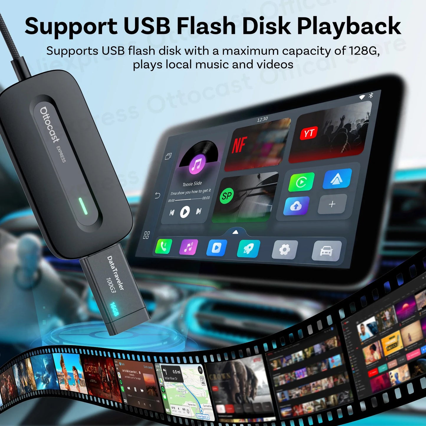 OTTOCAST Play2Video Express Wireless CarPlay & Android Auto Adapter — Streaming App Support