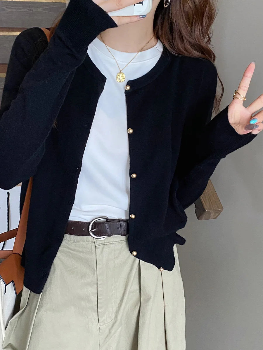 Women's Round Neck Knit Cardigan — Button Front