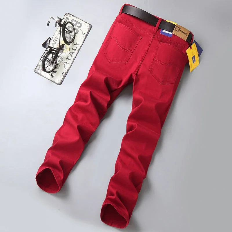 2024 New Spring Men's Slim Jeans Classic Style Straight Elasticity Cotton Denim Pants Male Brand Wine Red Black White Trousers