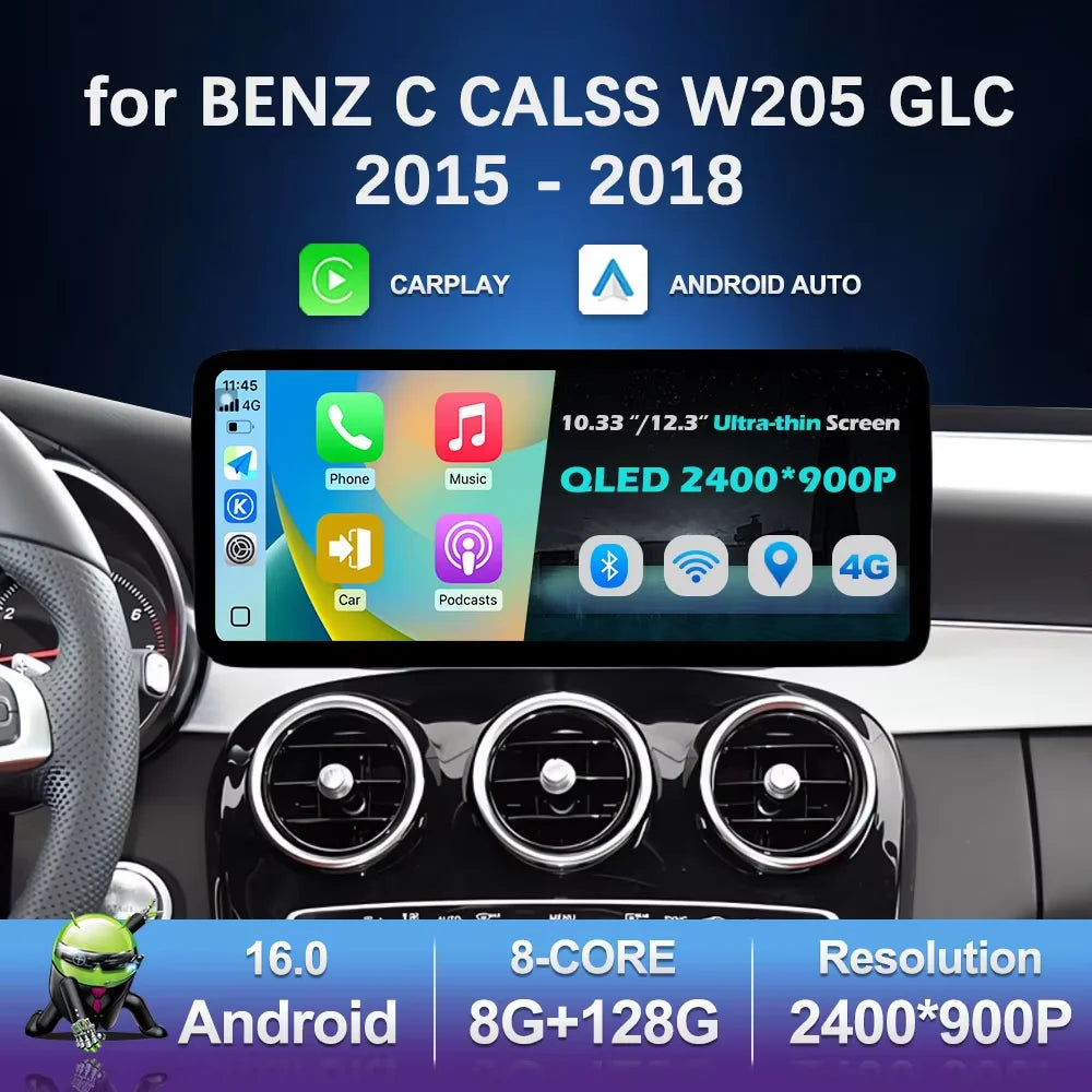 Android 16 Intelligent System for BENZ C CALSS W205 GLC 2026 - 2026 Car Video Multimedia Player GPS Navigation QLED HD Screen BT