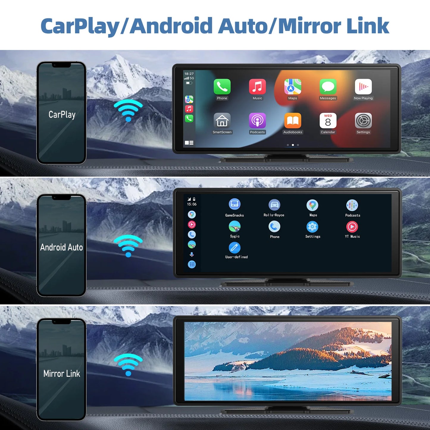 Portable Wireless CarPlay & Android Auto Touchscreen — Dash-Mount Car Stereo Display, Universal Fit