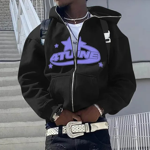 Men's Letter Print Zip-Up Hoodie, Hip Hop Style