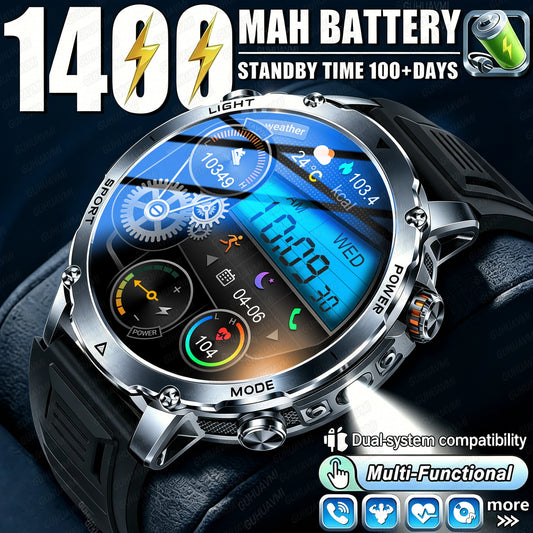 Newly Durable 1400mAh Large Battery Smart Watch Men 1.7" HD Screen IP68K Waterproof LED Flashlight Sports BT Call Smart Bracelet