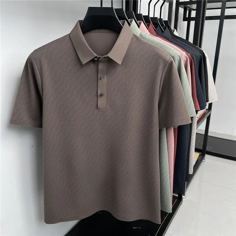 Men's Hollow-Mesh Polo - Wave Pattern, Slim Elastic Business Fit